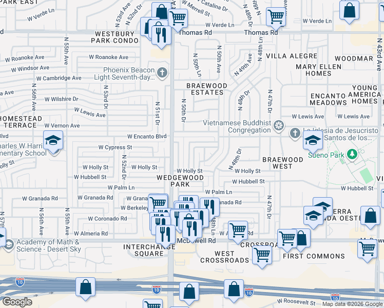 map of restaurants, bars, coffee shops, grocery stores, and more near 5001 West Cypress Street in Phoenix