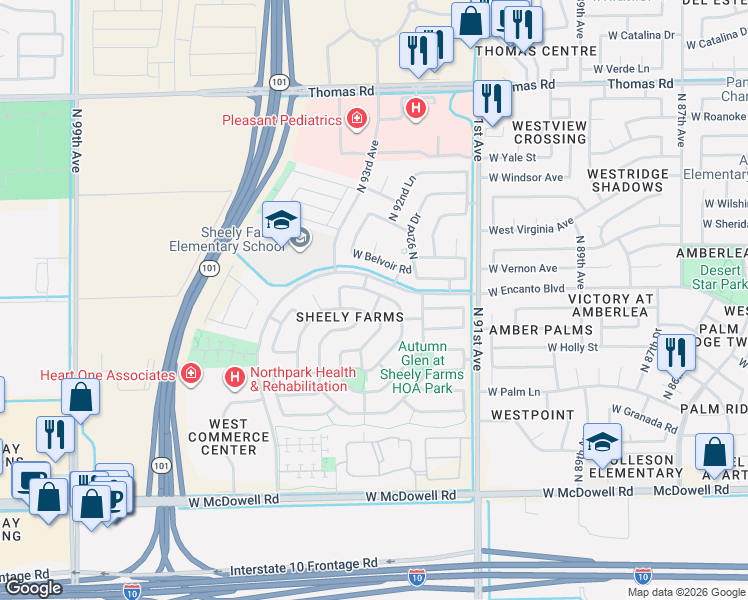 map of restaurants, bars, coffee shops, grocery stores, and more near 9310 West Rascon Loop in Phoenix