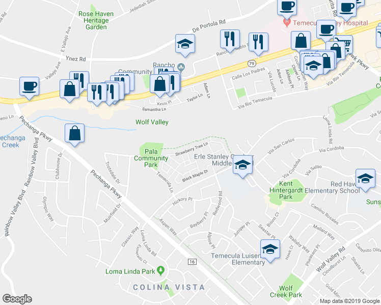 map of restaurants, bars, coffee shops, grocery stores, and more near 31216 Strawberry Tree Lane in Temecula