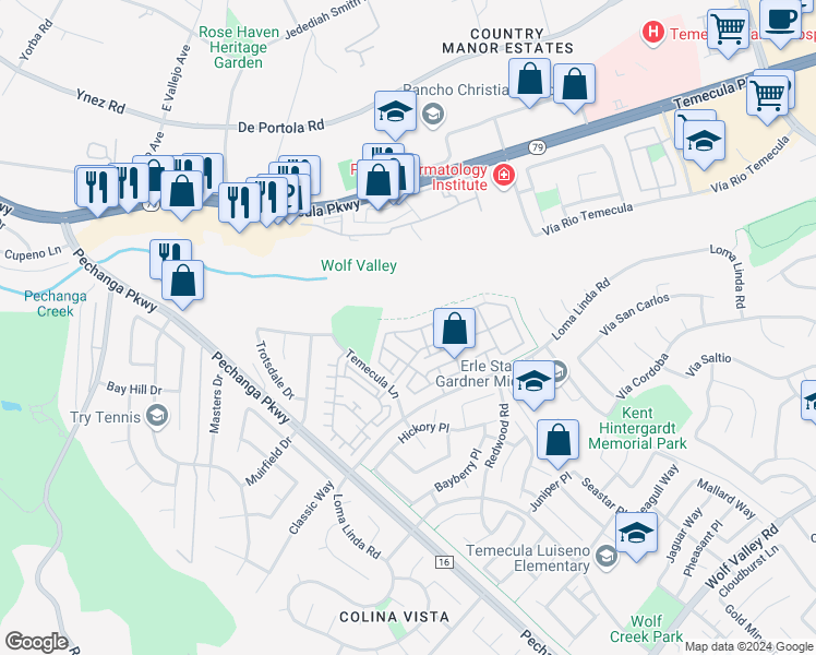 map of restaurants, bars, coffee shops, grocery stores, and more near 31156 Strawberry Tree Lane in Temecula