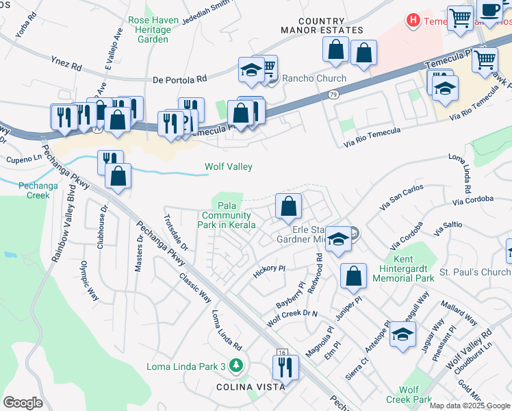 map of restaurants, bars, coffee shops, grocery stores, and more near 31156 Strawberry Tree Lane in Temecula