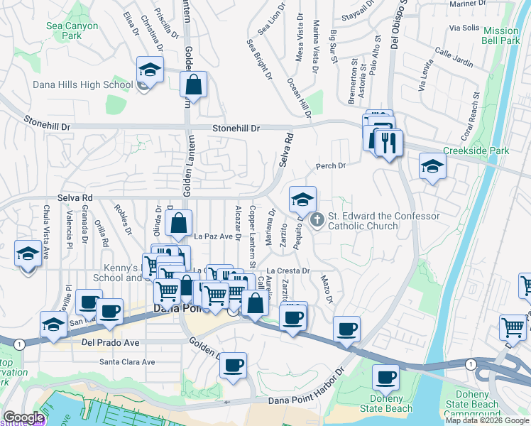 map of restaurants, bars, coffee shops, grocery stores, and more near 33751 Calle La Primavera in Dana Point