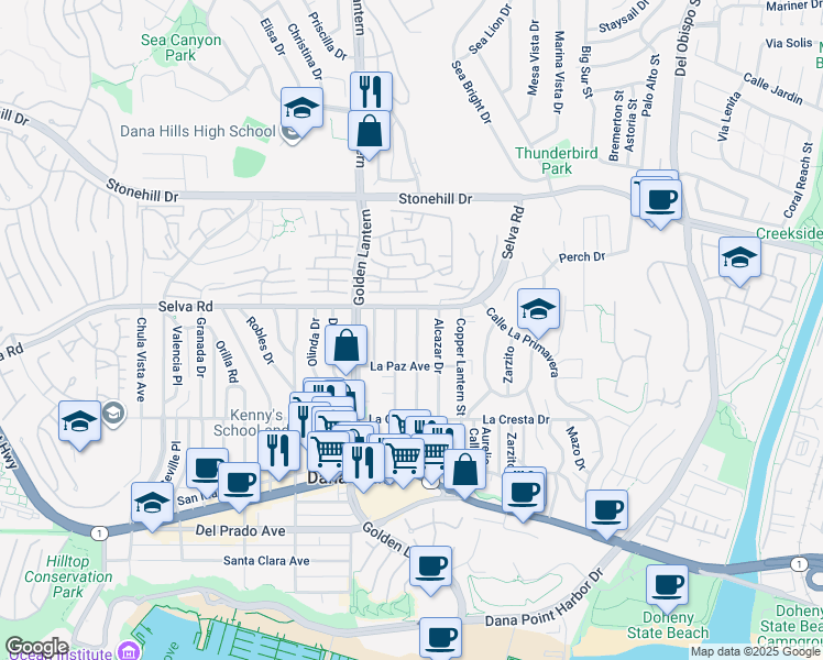 map of restaurants, bars, coffee shops, grocery stores, and more near 33752 Silver Lantern Street in Dana Point