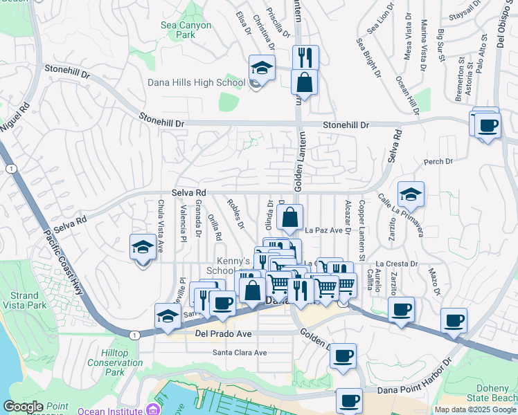 map of restaurants, bars, coffee shops, grocery stores, and more near 33751 Street of the Violet Lantern in Dana Point