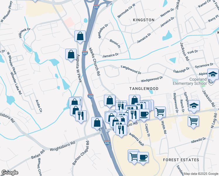 map of restaurants, bars, coffee shops, grocery stores, and more near 1296 Marks Church Road in Augusta