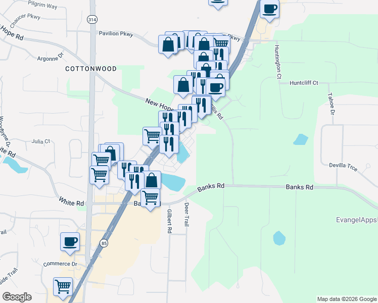 map of restaurants, bars, coffee shops, grocery stores, and more near 959-1199 Glynn Street North in Fayetteville