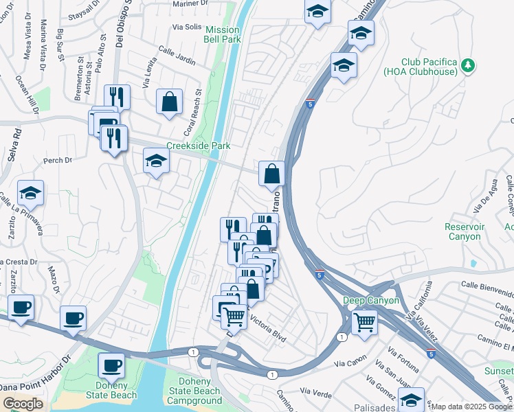 map of restaurants, bars, coffee shops, grocery stores, and more near 33831 Camino Capistrano in San Juan Capistrano