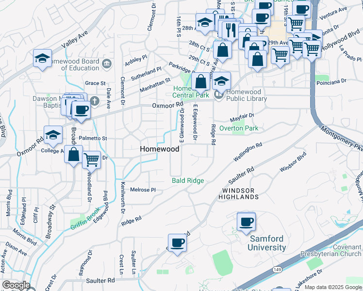 map of restaurants, bars, coffee shops, grocery stores, and more near East Glenwood Drive in Birmingham
