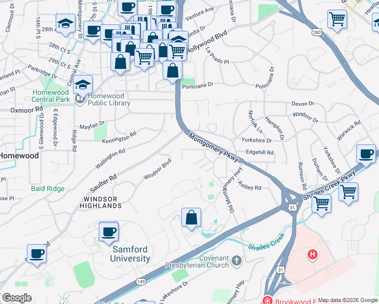 map of restaurants, bars, coffee shops, grocery stores, and more near 1929 Saulter Road in Birmingham