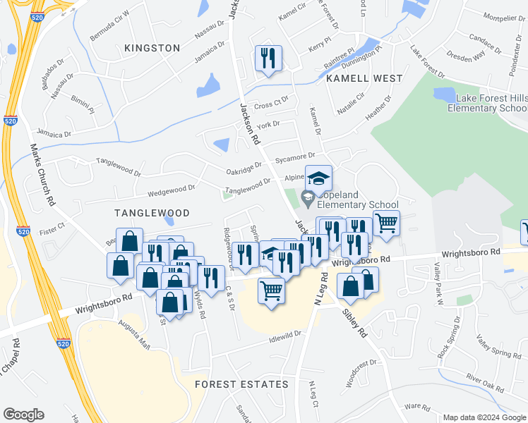 map of restaurants, bars, coffee shops, grocery stores, and more near 515 Ridgewood Drive in Augusta