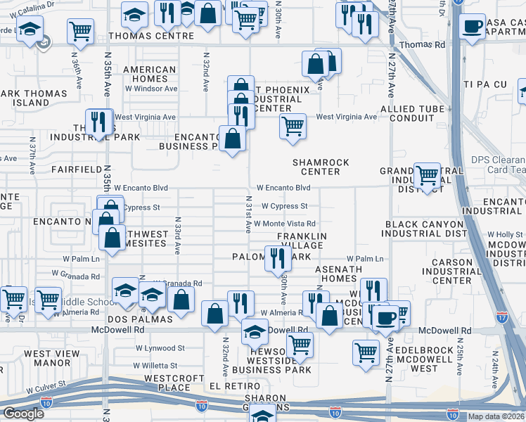 map of restaurants, bars, coffee shops, grocery stores, and more near 3036 West Cypress Street in Phoenix