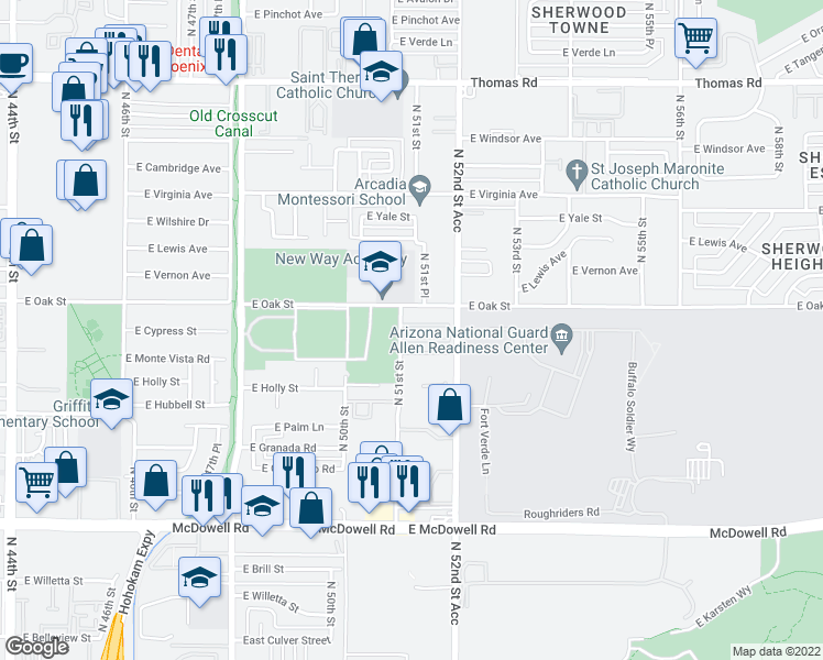 map of restaurants, bars, coffee shops, grocery stores, and more near 5035 East Oak Street in Phoenix