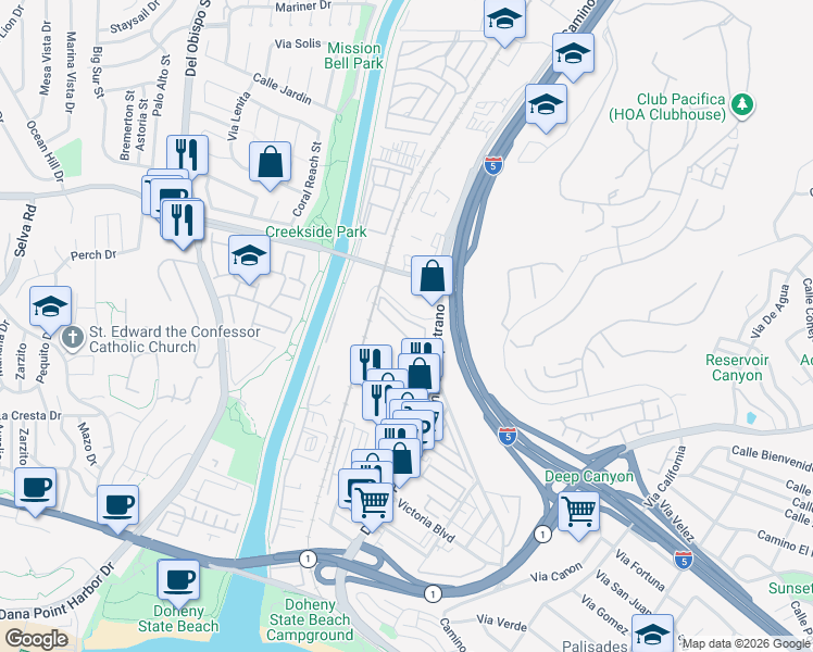 map of restaurants, bars, coffee shops, grocery stores, and more near 33831 Camino Capistrano in San Juan Capistrano