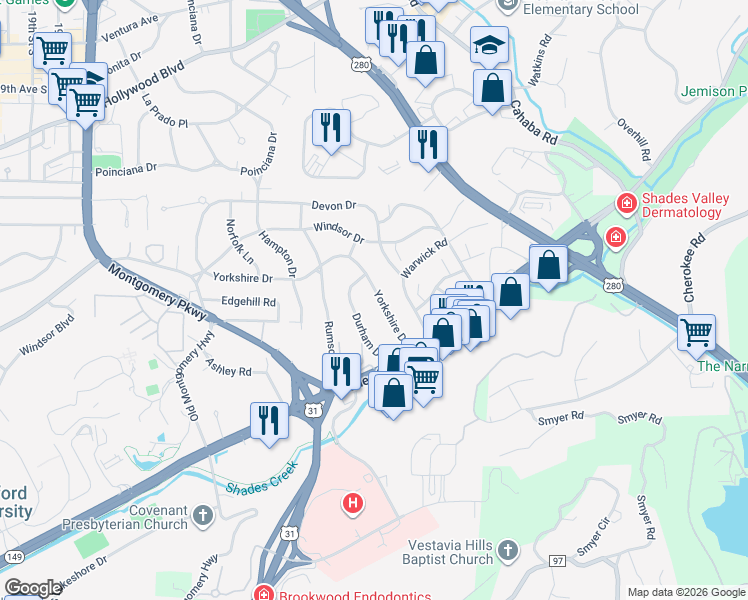 map of restaurants, bars, coffee shops, grocery stores, and more near 505 Yorkshire Drive in Birmingham