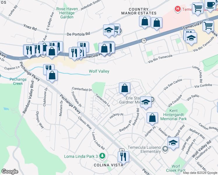 map of restaurants, bars, coffee shops, grocery stores, and more near 31124 Strawberry Tree Lane in Temecula