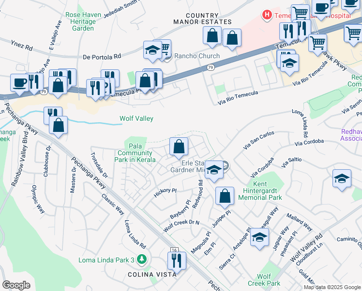 map of restaurants, bars, coffee shops, grocery stores, and more near 31225 Mangrove Drive in Temecula