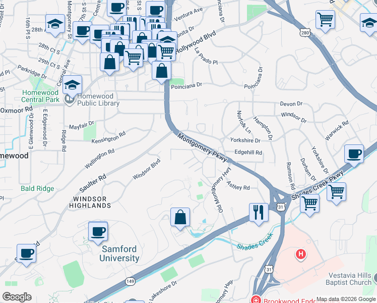 map of restaurants, bars, coffee shops, grocery stores, and more near 3396 Independence Drive in Birmingham