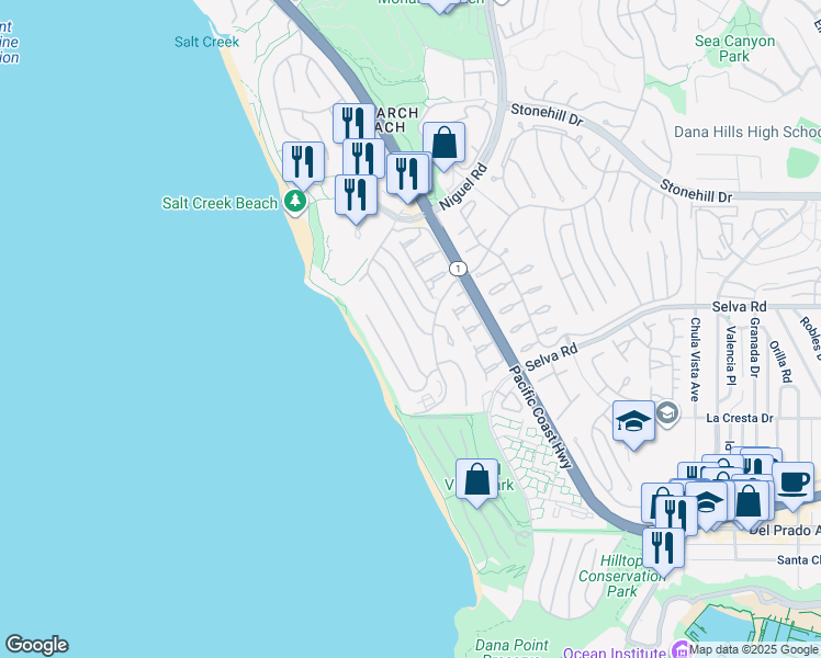 map of restaurants, bars, coffee shops, grocery stores, and more near 33801 Shackleton Isle in Dana Point