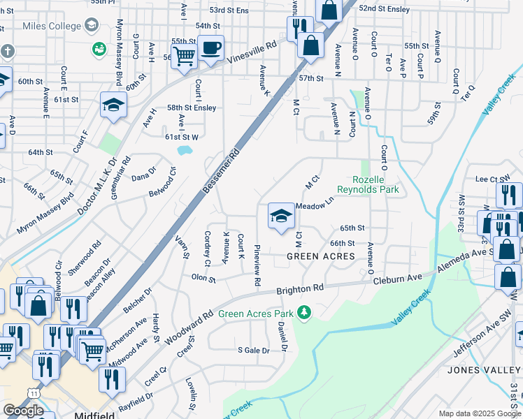 map of restaurants, bars, coffee shops, grocery stores, and more near 1105 Pineview Road in Birmingham