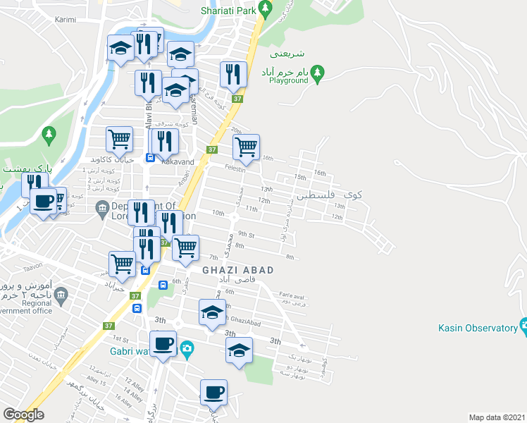 map of restaurants, bars, coffee shops, grocery stores, and more near 11th in Khorramabad