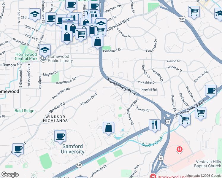 map of restaurants, bars, coffee shops, grocery stores, and more near 3396 Independence Drive in Birmingham