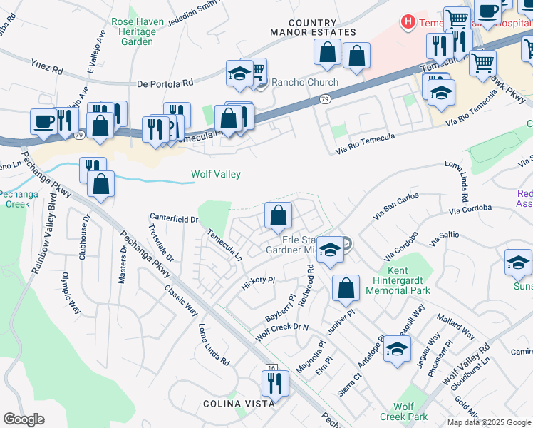 map of restaurants, bars, coffee shops, grocery stores, and more near 44916 Honey Locust Drive in Temecula