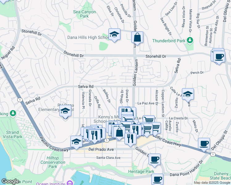 map of restaurants, bars, coffee shops, grocery stores, and more near 33781 Street of the Violet Lantern in Dana Point