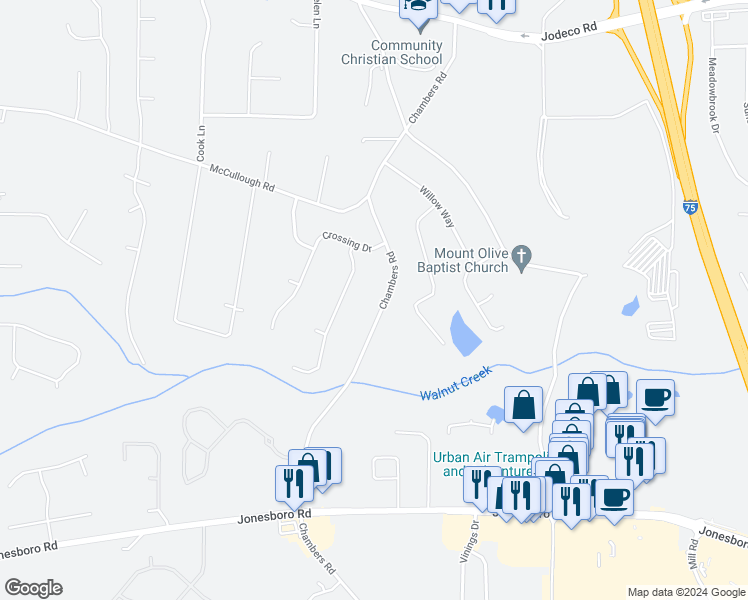 map of restaurants, bars, coffee shops, grocery stores, and more near 1919 Chambers Road in McDonough
