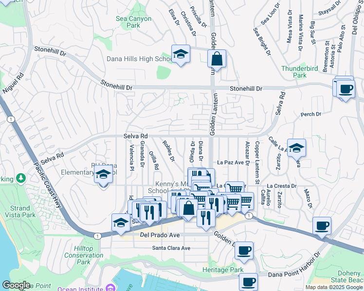 map of restaurants, bars, coffee shops, grocery stores, and more near 33781 Street of the Violet Lantern in Dana Point