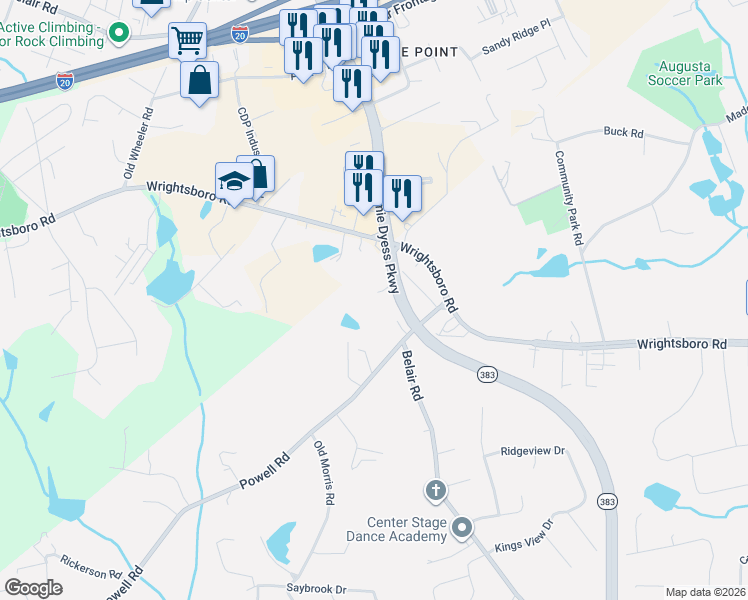 map of restaurants, bars, coffee shops, grocery stores, and more near 4040 Belair Road in Augusta
