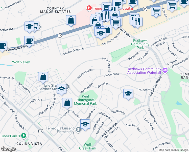 map of restaurants, bars, coffee shops, grocery stores, and more near 45015 Corte Christina in Temecula