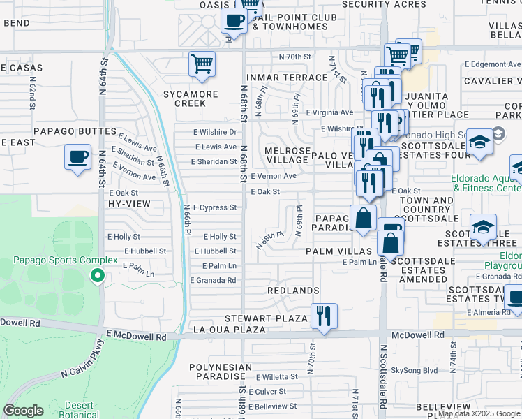 map of restaurants, bars, coffee shops, grocery stores, and more near 6801 East Oak Street in Scottsdale