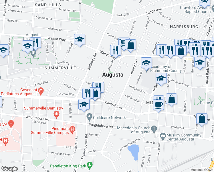 map of restaurants, bars, coffee shops, grocery stores, and more near 1011 Hickman Road in Augusta