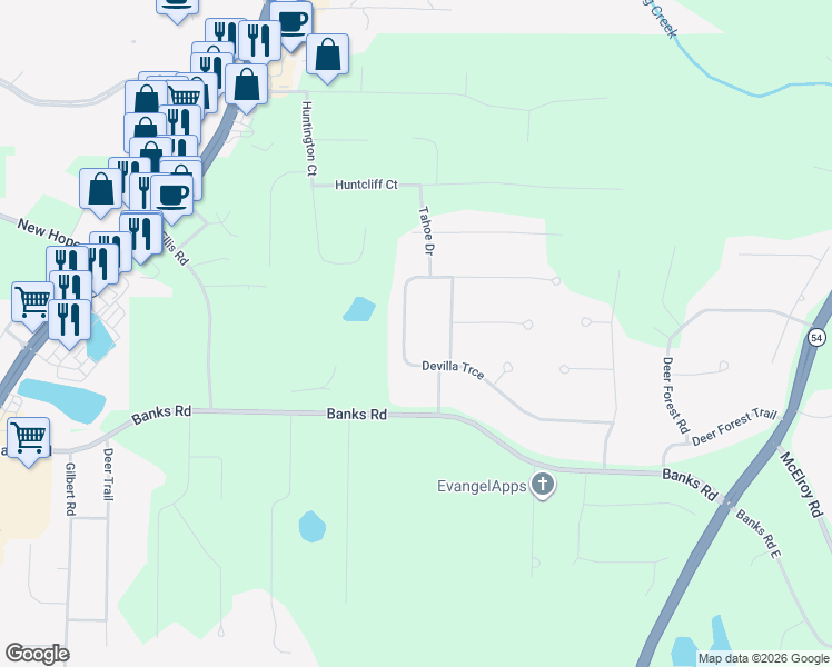 map of restaurants, bars, coffee shops, grocery stores, and more near 110 Ponderosa Trce in Fayetteville