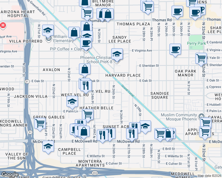 map of restaurants, bars, coffee shops, grocery stores, and more near 2219 North 25th Place in Phoenix
