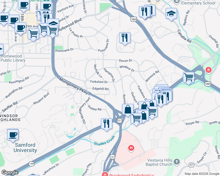 map of restaurants, bars, coffee shops, grocery stores, and more near 201 Yorkshire Drive in Birmingham