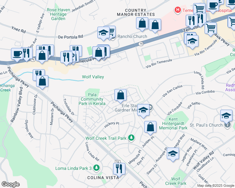 map of restaurants, bars, coffee shops, grocery stores, and more near 44917 Bellflower Lane in Temecula