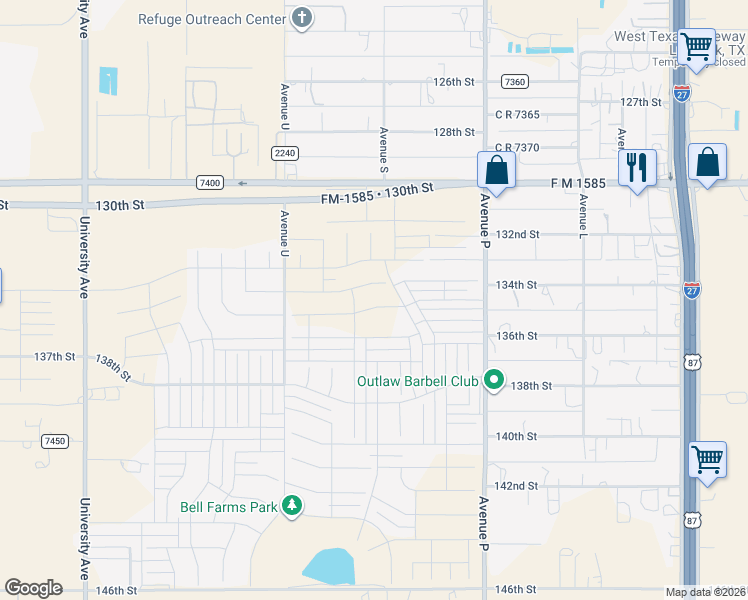 map of restaurants, bars, coffee shops, grocery stores, and more near 1901 FM 1585 in Lubbock