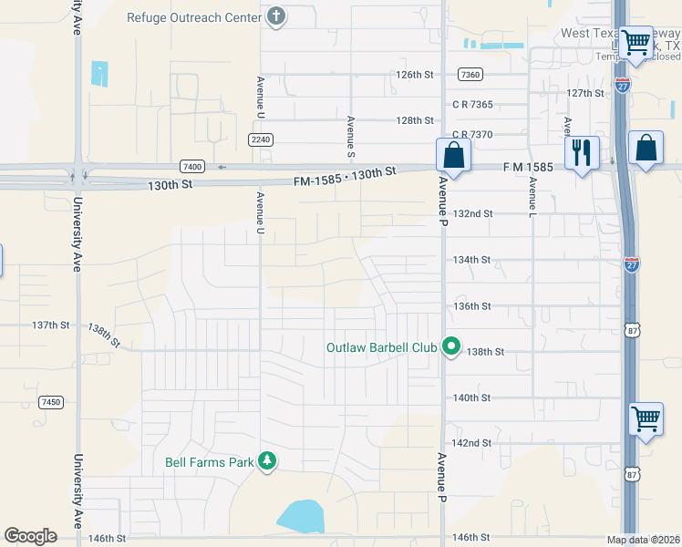 map of restaurants, bars, coffee shops, grocery stores, and more near 1901 FM 1585 in Lubbock