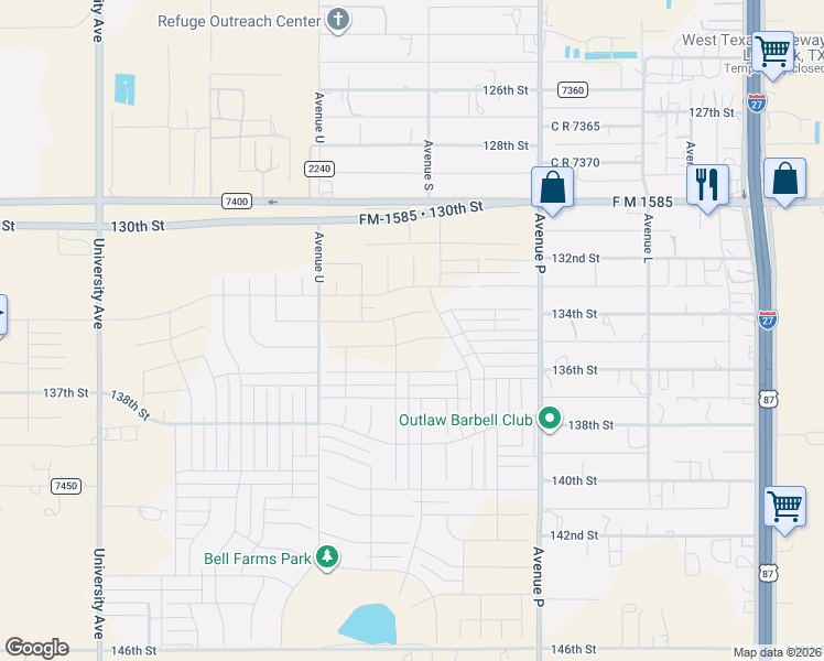 map of restaurants, bars, coffee shops, grocery stores, and more near 1901 FM 1585 in Lubbock