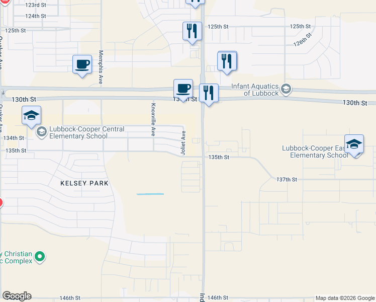 map of restaurants, bars, coffee shops, grocery stores, and more near Joliet Avenue in Lubbock