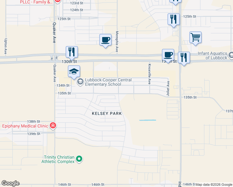 map of restaurants, bars, coffee shops, grocery stores, and more near 3802 135th Street in Lubbock