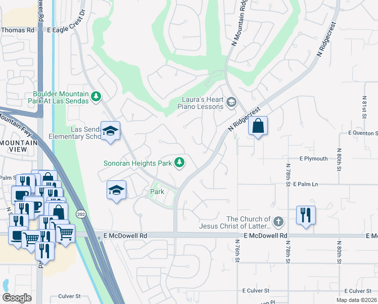 map of restaurants, bars, coffee shops, grocery stores, and more near 3055 North Red Mountain in Mesa