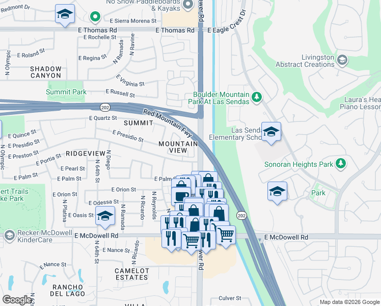 map of restaurants, bars, coffee shops, grocery stores, and more near 6730 East Preston Street in Mesa