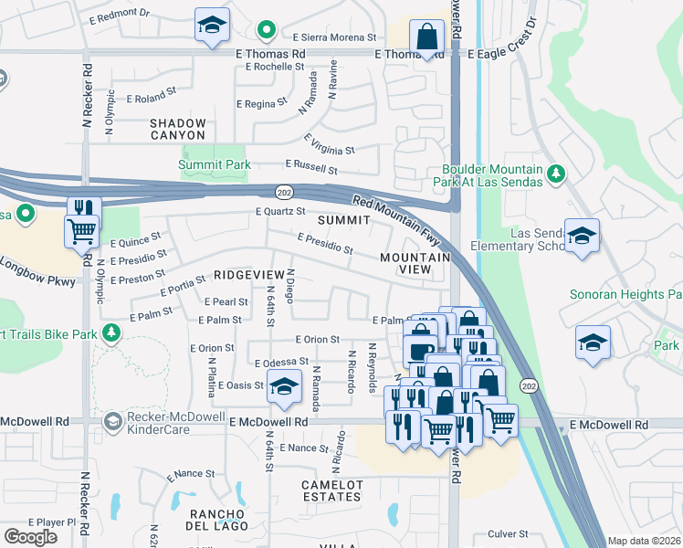 map of restaurants, bars, coffee shops, grocery stores, and more near 6527 East Preston Street in Mesa