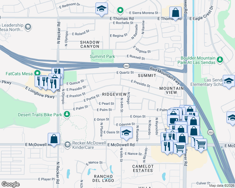 map of restaurants, bars, coffee shops, grocery stores, and more near 3124 North 64th Street in Mesa