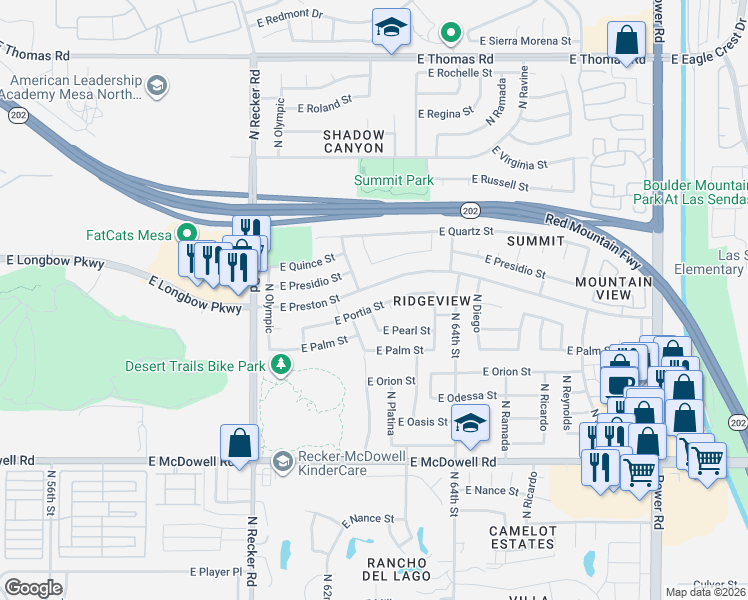 map of restaurants, bars, coffee shops, grocery stores, and more near 6223 East Preston Street in Mesa