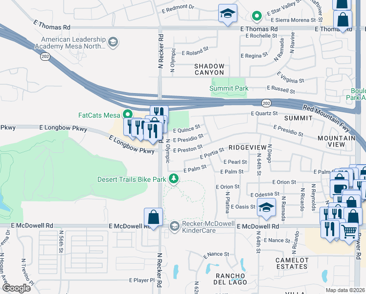 map of restaurants, bars, coffee shops, grocery stores, and more near 6103 East Presidio Street in Mesa