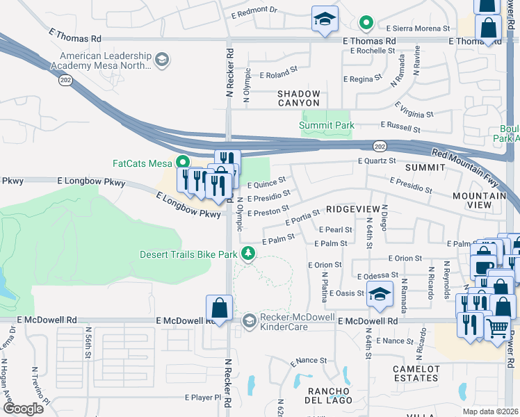 map of restaurants, bars, coffee shops, grocery stores, and more near 6103 East Presidio Street in Mesa
