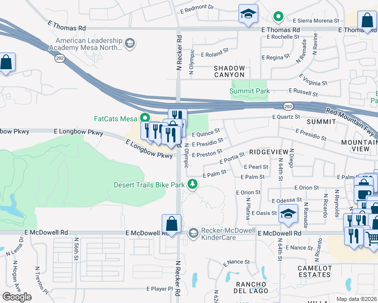 map of restaurants, bars, coffee shops, grocery stores, and more near 6029 East Presidio Street in Mesa